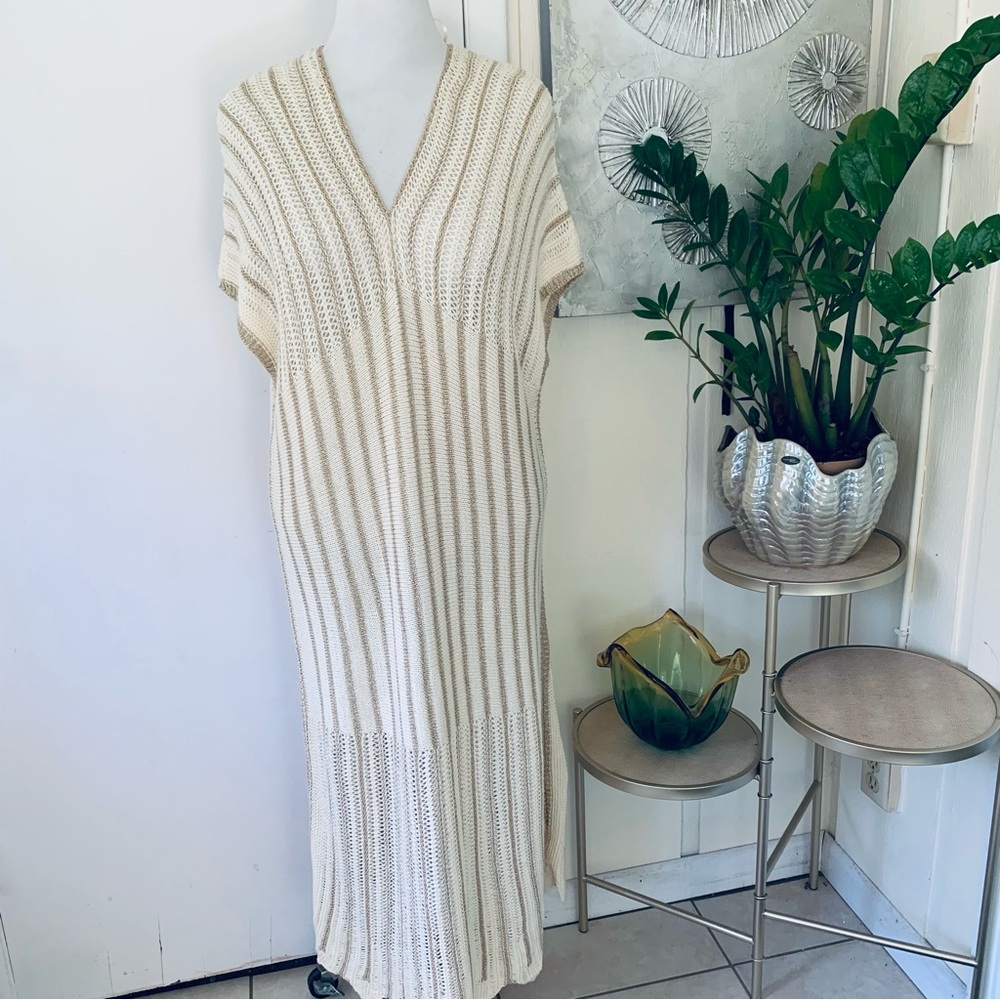 Floris NWT Crochet Olive Gold Sheer Short Sleeve Cover Up Dress  size M/L